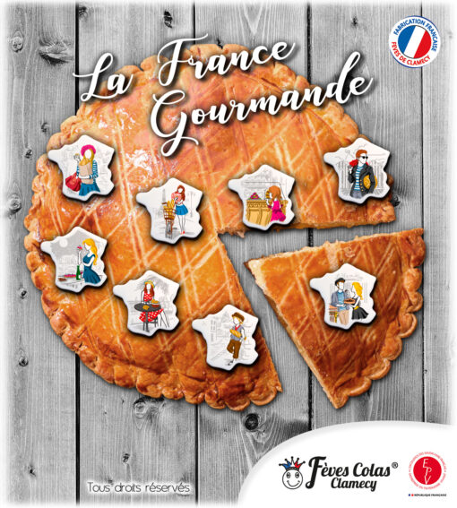 Collection de 8 fèves artisanales made in France, en forme de carte de France, sur le thème de la boulangerie et de la gourmandise