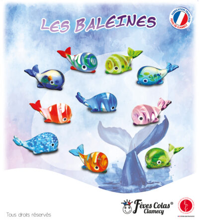 Collection de 10 fèves en verre en forme de baleines translucides et colorées - Maître Artisan Français