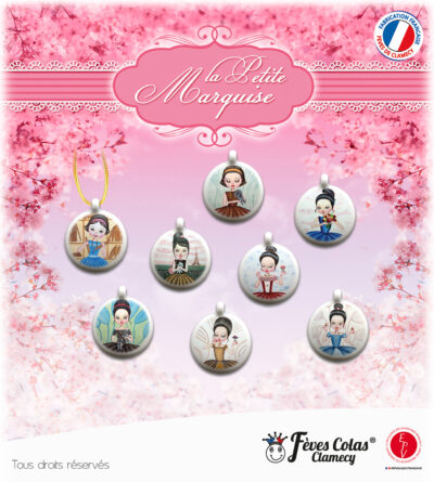 Collection de 8 fèves, en forme de pendentif rond, sur le thème de la marquise - Fabrication Française