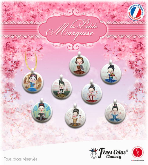 Collection de 8 fèves, en forme de pendentif rond, sur le thème de la marquise - Fabrication Française