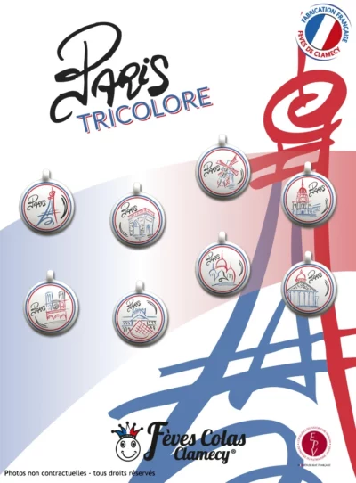Collection de 8 fèves aux couleurs de Paris Tricolor. Chaque fève peut se transformer en pendentif pour un magnifique bijou.