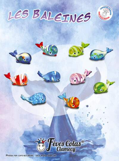 Collection de 10 fèves en verre en forme de baleines translucides et colorées - Maître Artisan Français