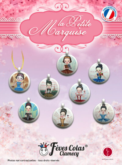 Collection de 8 fèves, en forme de pendentif rond, sur le thème de la marquise - Fabrication Française